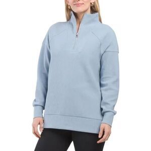 Te Verde Women's Ribbed Quarter Zip Pullover Textured Ottoman Size L Steel Blue